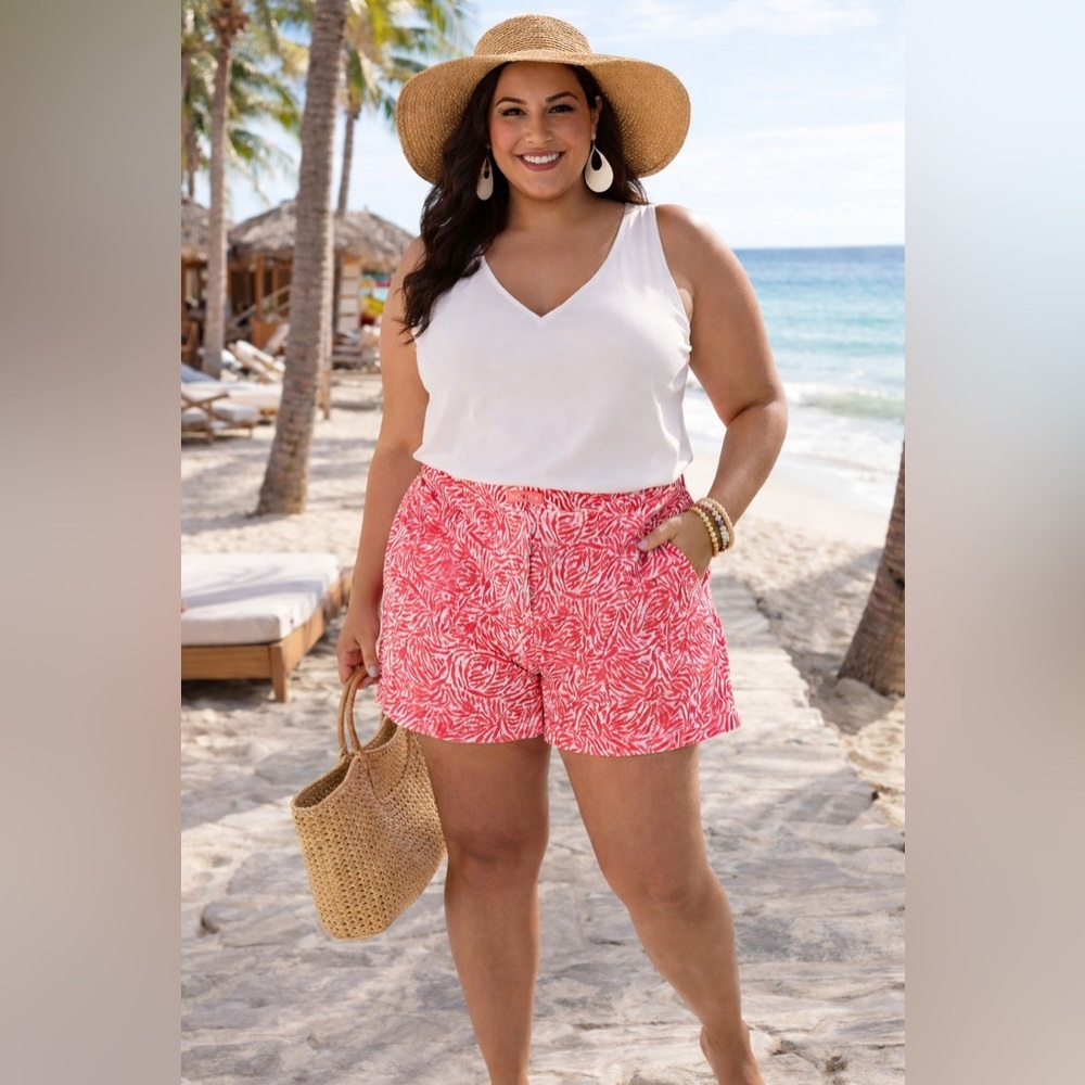 ReCreation Women's Pink Coral Patterned Shorts Tropical Resort Summer sz 14